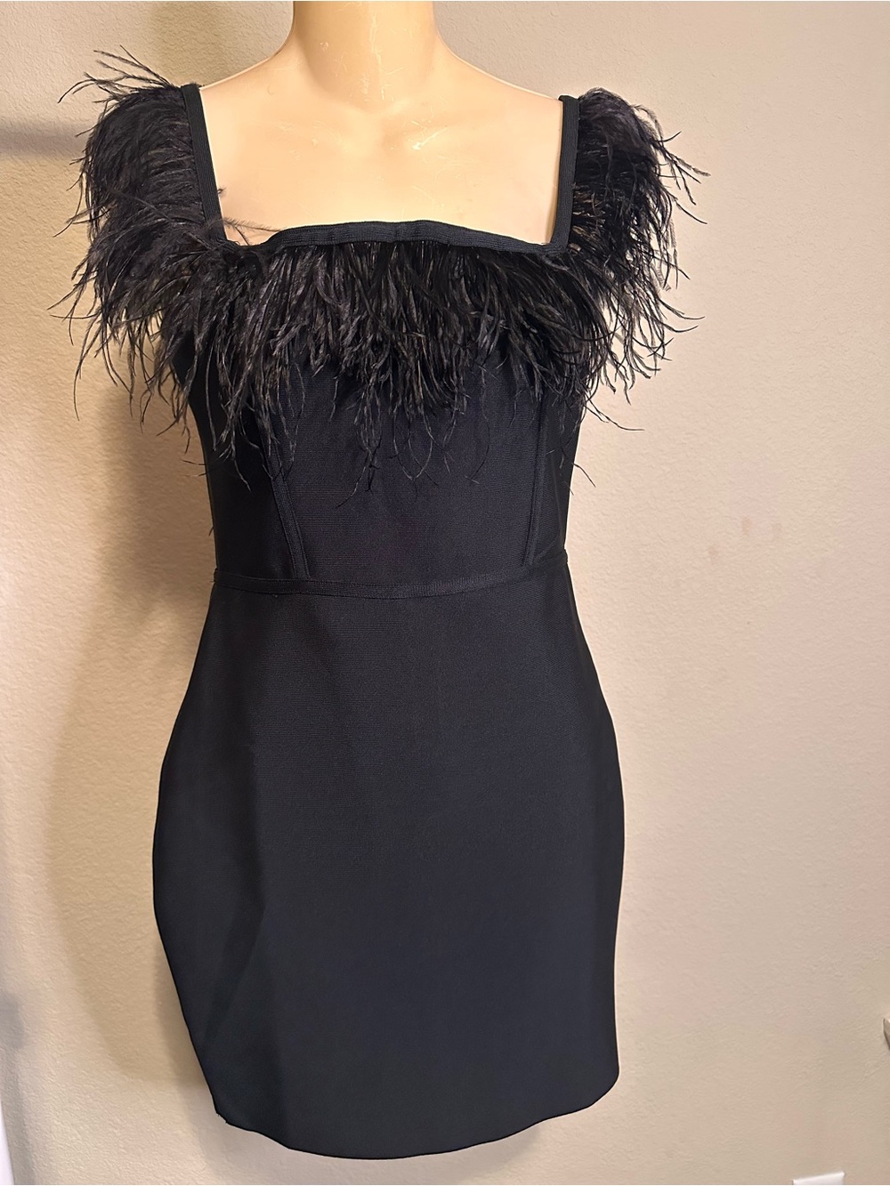 Forever 21 Black Feather-Trim Square Neck Mini Dress